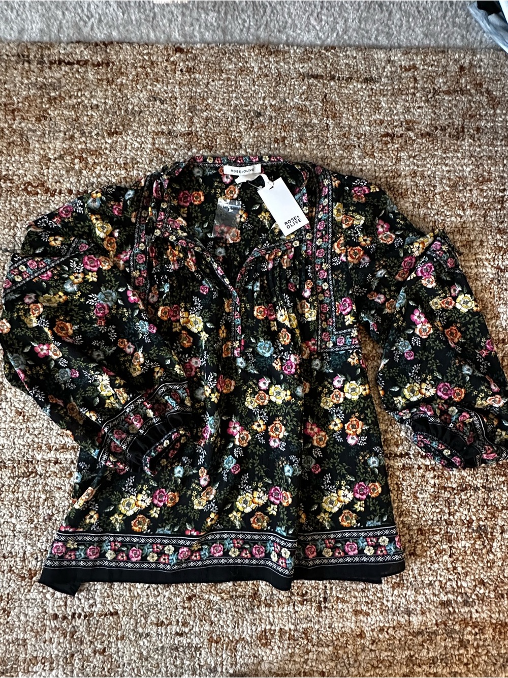 Rose & Olive Black Floral Boho Tunic Peasant Blouse - Picture 7 of 10